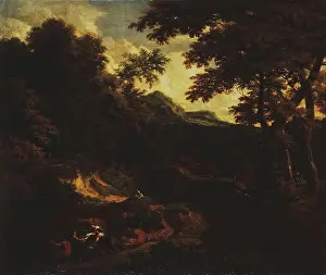 Cornelis Prints: Forest Landscape with Figures by the Road, 1695. Creator: Cornelis Huysmans