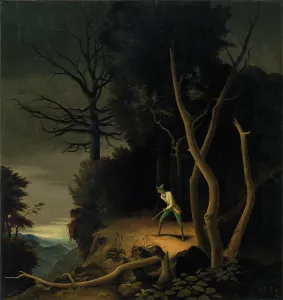 Magic Realism Prints: Forest landscape with a hunter, 1928. Creator: Sedlacek, Franz (1891-1945)