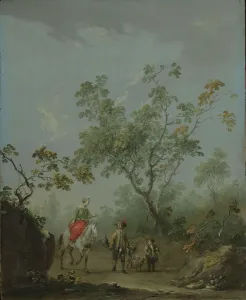Falconer Prints: Forest landscape with a lady on horseback, a falconer and a huntsman