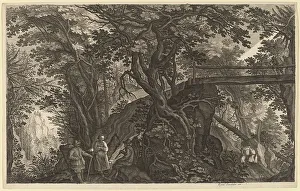 Gillis Sadeler Ii Prints: Forest Landscape with Two Men and a Woman Resting near a Bridge