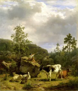 Verdant Prints: Forest Landscape with a Shepherd Boy and Cattle, 1856. Creator: Nils Andersson