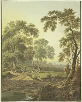 Travelling Prints: Forest meadow with water, a rider on a white horse on the path