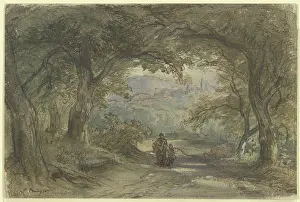Chalk On Paper Prints: Forest path with a view of a village, c1840-1900. Creator: Anton Burger