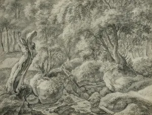 Boulders Prints: Forest with a stream running between large boulders. Creator: Anthonie Waterloo