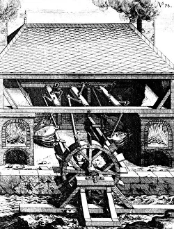 Forge with bellows driven by an undershot water wheel through cranks, 1673 Forge with bellows driven by an undershot water wheel through cranks, 1673