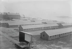 Shack Prints: Fort Slocum, Shacks built for draft men, 1917. Creator: Bain News Service