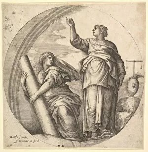 Veneziano Battista Franco Gallery: Fortitude and Justice, an allegorical composition in round format, with Fortitude g