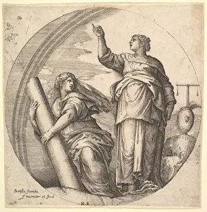Veneziano Prints: Fortitude and Justice, an allegorical composition in round format, with Fortitude g