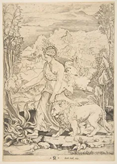 Sanzio Collection: Fortitude in profile view walking toward a fire at left and leading a harnessed lio