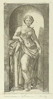 Fortitude or Strength personified by a woman standing in a nice resting her arm on... ca. 1515-25. Creator: Marcantonio Raimondi