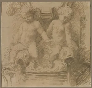 Fountain with Putti Riding Dolphins, last half 1800s. Creator: Alphonse Legros (French, 1837-1911)