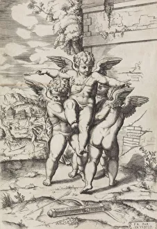 Mazzola Francesco Prints: [Four Cupids; Apollo and Daphne in the Background]