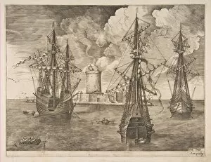 Voyage Collection: Four-Master (Left) and Two Three-Masters Anchored near a Fortified Island with a Lighth