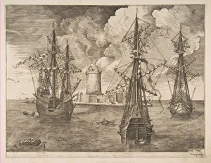 Bruegel Prints: Four-Master (Left) and Two Three-Masters Anchored near a Fortified Island with a Lighth