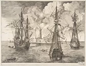 Breugel Pieter Gallery: Four-master and Two Three-masters Anchored near a Fortified Island from The Sailing Ves