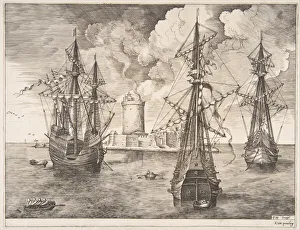 Bruegel Prints: Four-master and Two Three-masters Anchored near a Fortified Island from The Sailing Ves