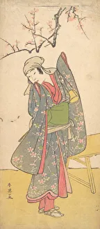 The Fourth Iwai Hanshiro as a Young Girl Standing by a Wooden Bench, ca