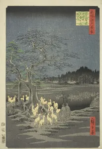Fox Fires on New Year's Eve at the Changing Tree in Oji (Oji shozoku enoki omisoka no kits... 1857. Creator: Ando Hiroshige)