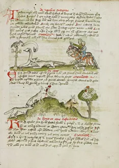 Fables Prints: A Fox Threatening a Bird Perched on a Wayside Cross and Two Horsemen