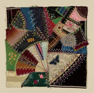 Satin Stitch Prints: Fragment from Bedcover (Crazy Quilt Block), United States, 1884. Creator: Unknown