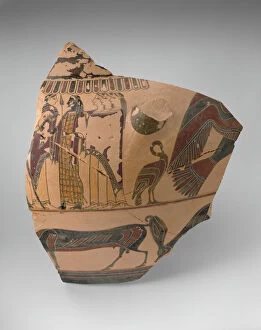 Corinth Gallery: Fragment of a Column Krater (Mixing Bowl), 580-570 BCE. Creator: Cavalcade Painter