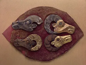 Fragment of a Felt Covering for a Saddle, with Mouflons Heads, 6th century BC. Artist: Ancient Altaian, Pazyryk Burial Mounds Fragment of a Felt Covering for a Saddle, with Mouflons Heads, 6th century BC. Artist: Ancient Altaian, Pazyryk Burial Mounds