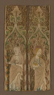 Fragment from an Orphrey Band Showing St. Barbara and St. James, England, 1350/1400