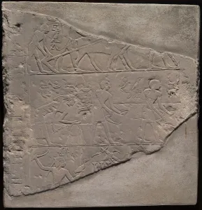 Fragment of a Stela Depicting Plowing, Harvesting, and Fowling, Egypt