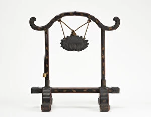 Sound Gallery: Frame for a gong with a bronze gong suspended by a cord; mallet hanging, Edo period