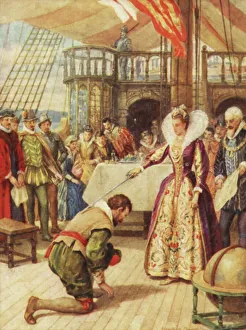Queen Bess Prints: Francis Drake being knighted by Queen Elizabeth, c1900. Creator: Howard Davie