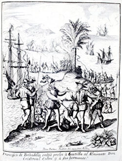 Columbus Gallery: Francisco de Bobadilla arresting Christopher Columbus and his brothers, engraving