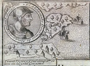 Library Of The University Gallery: Francisco Pizarro and his companions are on the Gorgona island, engraving from 1726