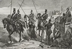 Prisoner Prints: Franco-Prussian War (1870-1): Prussian Uhlans lead a captured French spy to the camp near Metz