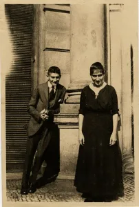 Kafka Prints: Franz Kafka with his sister Ottla before Oppelt House in Prague Artist: Anonymous