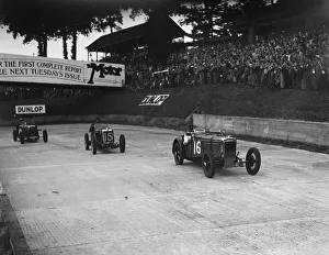 Frazer Nash Prints: Frazer-Nash, MG and HRG racing at Brooklands, 1938 or 1939. Artist: Bill Brunell