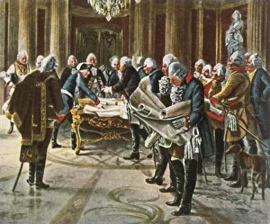 Strategy Prints: Frederick the Great holds a council of war with his generals, August 1756, (1936)
