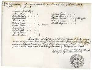 The Freedom of Stratford-upon-Avon, presented to David Garrick, 1768, (1840)