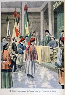 Qing Dynasty Prints: French Ambassador Gerard before the Guangxu Emperor of China, 1895. Artist: F Meaulle