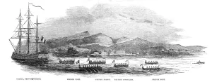Rowing Boats Prints: The French Blockade of Tahiti... 1844. Creator: Unknown
