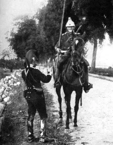 Hw Wilson Prints: French dragoon, delivering passport to alert Belgian picket, First World War, 1914