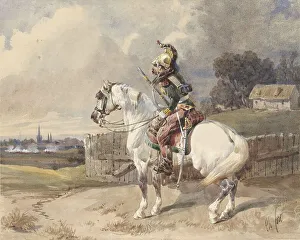 Dragoon Prints: French dragoon on a white horse, 1825-1875. Creator: Théodore Fort