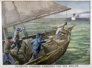 French fishermen fired on by the British, 1899. Artist: Oswaldo Tofani French fishermen fired on by the British, 1899. Artist: Oswaldo Tofani