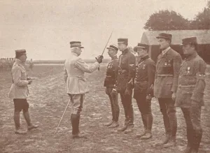 A French General conferring decorations on aviators, c1918 (1919) A French General conferring decorations on aviators, c1918 (1919)
