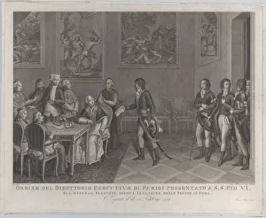 Pope Gallery: French general handing Directory order to Pope Pius VI after invasion of Rome... 1801