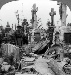 French graves smashed by German shell fire, France, World War I, 1914-1918. Artist: Realistic Travels Publishers