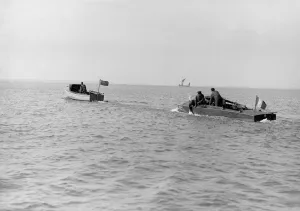 Port Broadside Prints: The French hydroplane Despujols I being towed, 1913. Creator: Kirk & Sons of Cowes