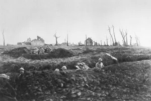 French infantry establishing fallback positions in front of a ruined farm, Picardy, France, 1918