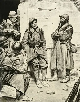 War Illustrated Prints: A French Recruit Among the Veterans, 1917. Creator: Unknown