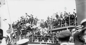 Us Flag Prints: French Reservists on SANTA ANNA, 1914. Creator: Bain News Service