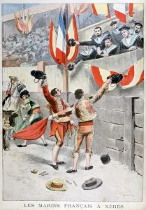 Matador Prints: French sailors watching a bull fight, Xeres, Spain, 1899. Artist: Eugene Damblans